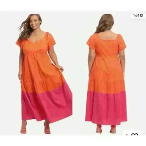 Donna Morgan Colorblock Tiered Trapeze Midi Dress Pink Orange Size 6 Maxi